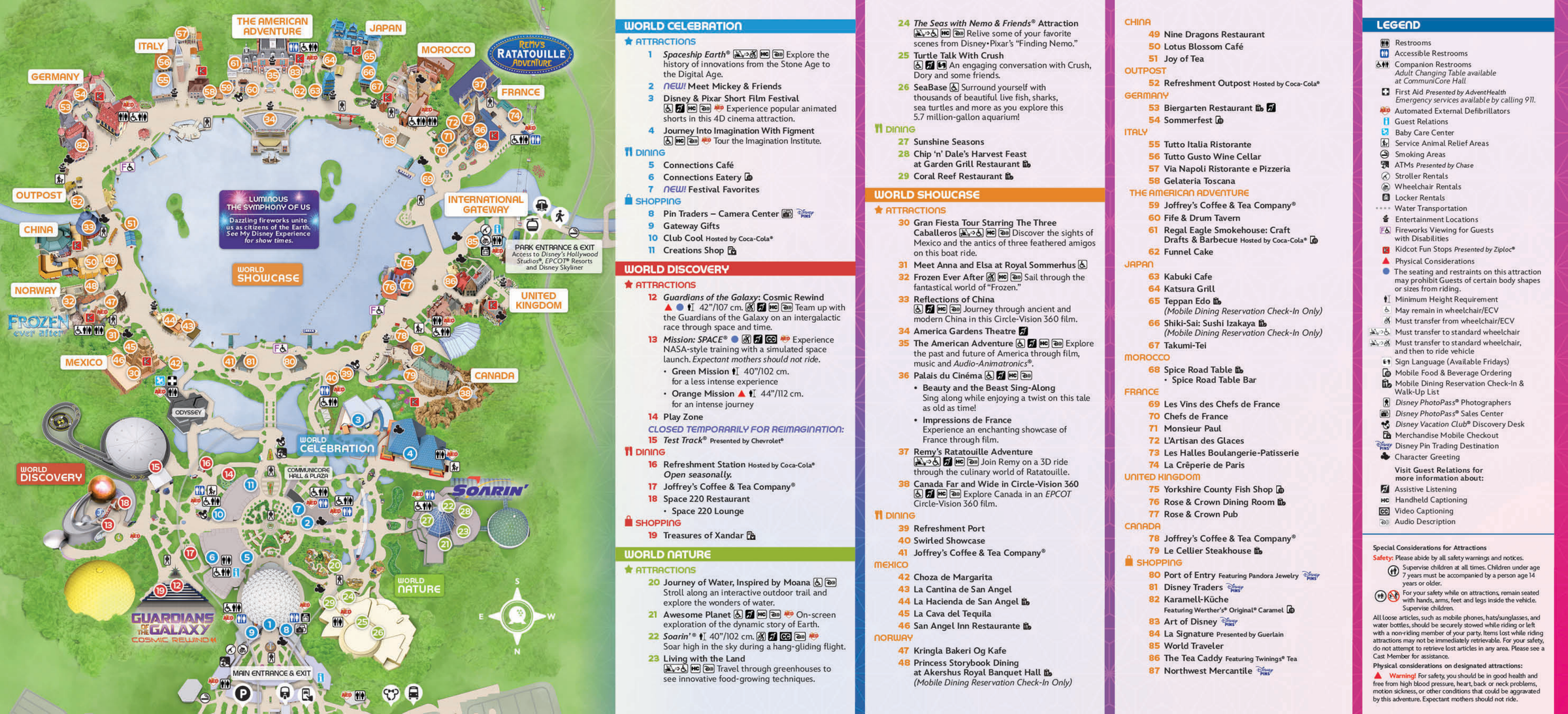 EPCOT interactive park map showing Future World and World Showcase pavilions with all attractions, dining, and services