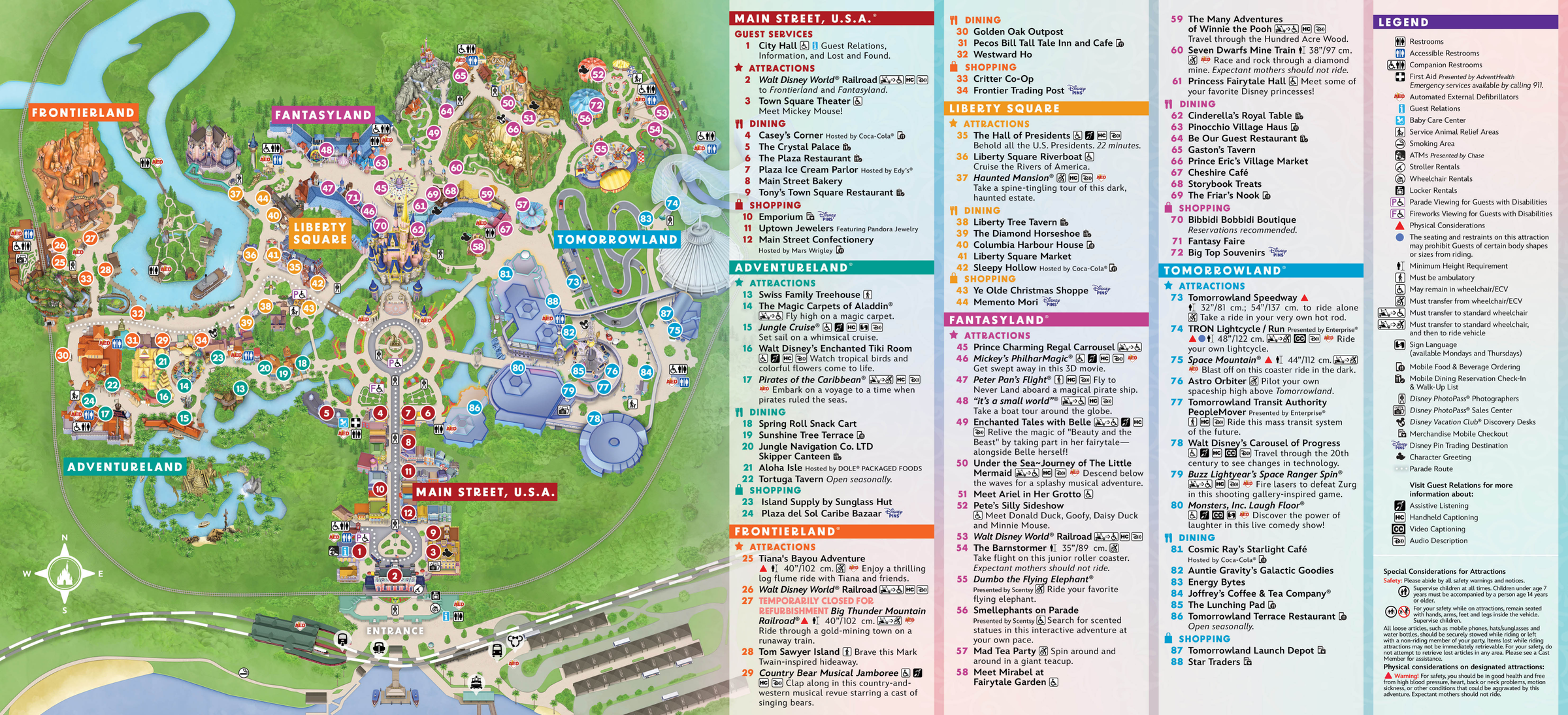 Magic Kingdom interactive park map showing all attractions, dining, and services including Main Street USA, Fantasyland, Tomorrowland, Frontierland, and Liberty Square