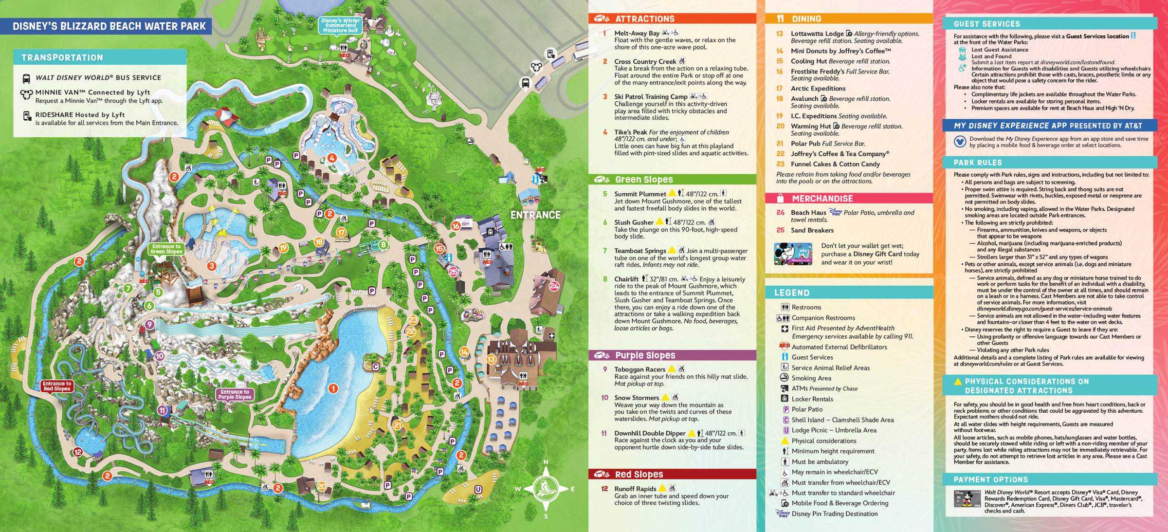 Disney Water Parks interactive map showing both Typhoon Lagoon and Blizzard Beach layouts with all slides and attractions